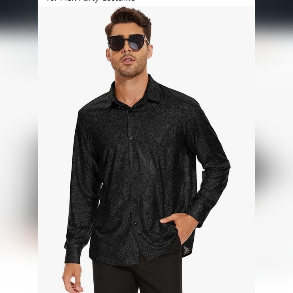 Men's Black Shiny Metallic Dress Shirt - Picture 6 of 16